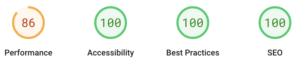 Scores: 86% Performance, and 100% in Accessibility, Best Practices, and SEO