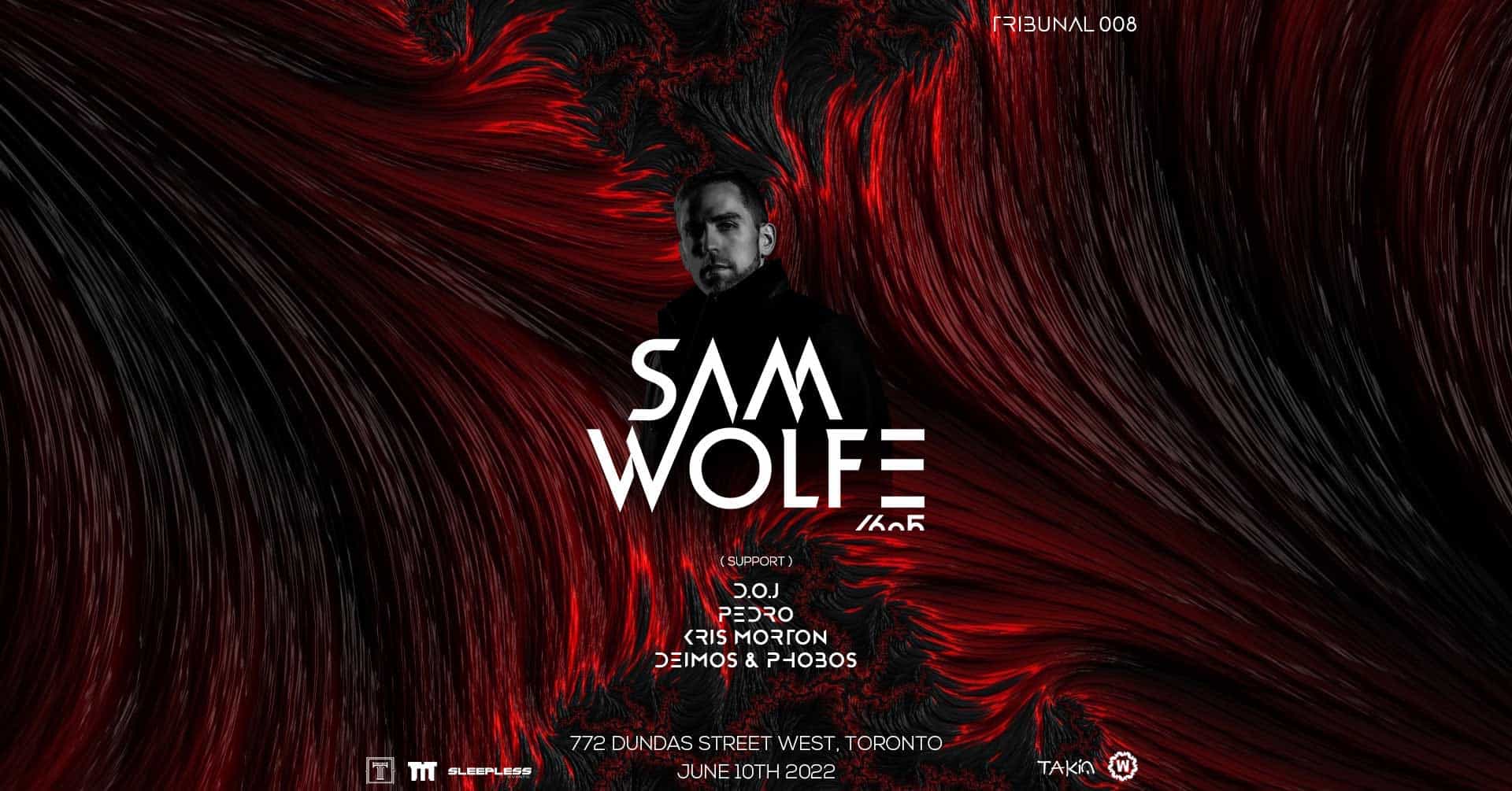 Abstract red flyer with words Sam Wolfe