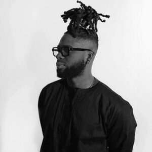 Portrait of artist in black and white