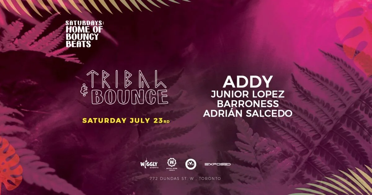 Red and pink flyer with words DJ Addy, Junior Lopez, Barroness, Adrian Salcedo