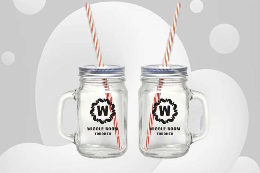 Two jars with logos and straws