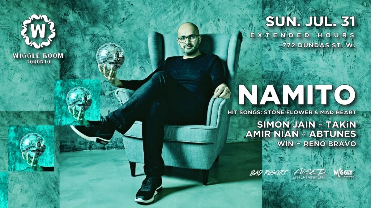 Green flyer with man sitting in chair holding mirrored ball