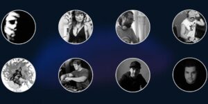 Portraits of 8 DJs in circles