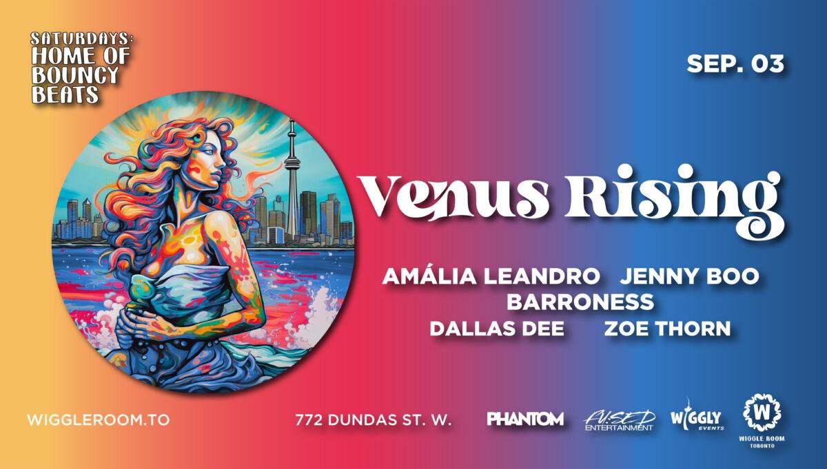 Fyler with an illustrated woman with CN Tower and Toronto's skyline beyond.