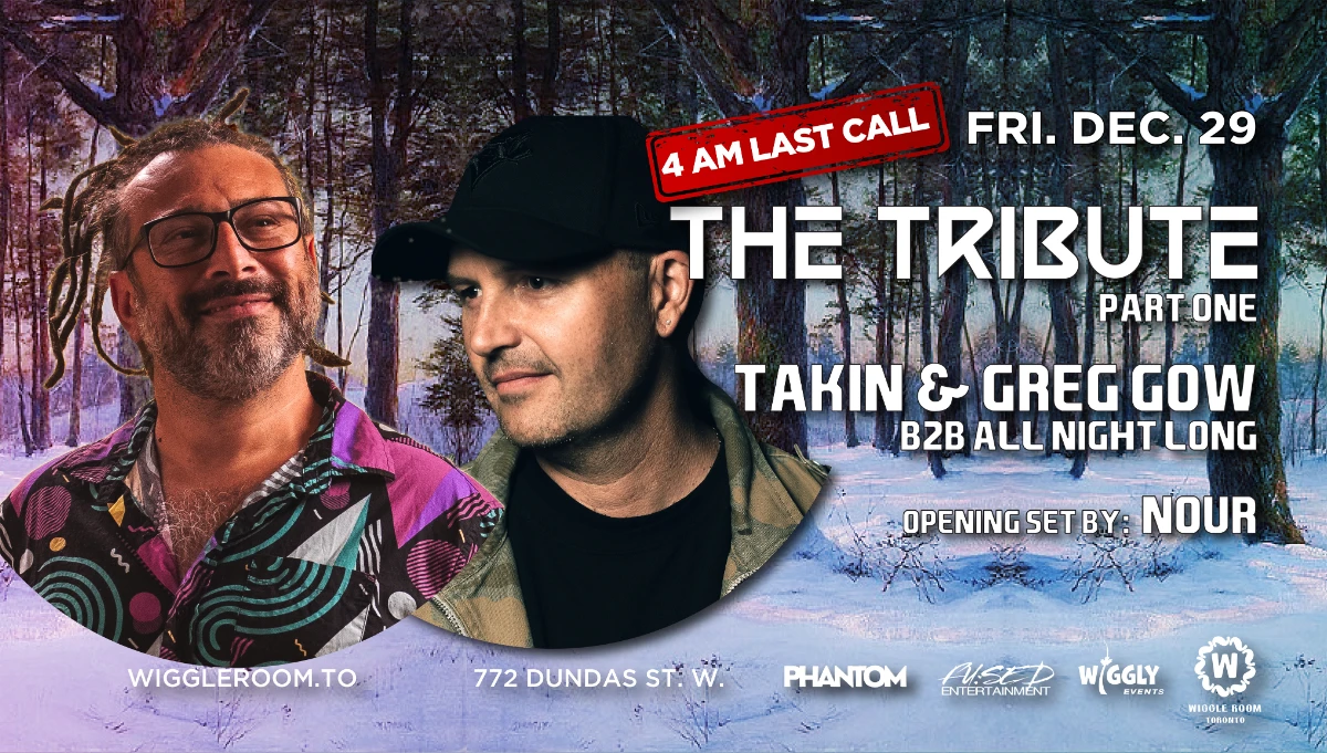 Flyer with snow scene and two headshots of men
