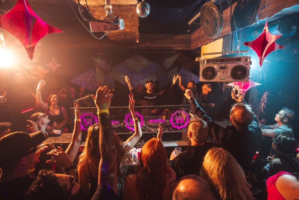 A crowd responds to DJ. Everyone has their hands in the air