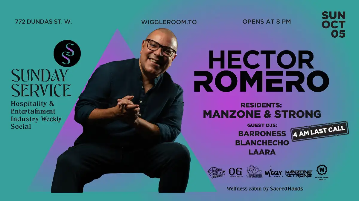 Green event flyer with a bald man with smile and glasses