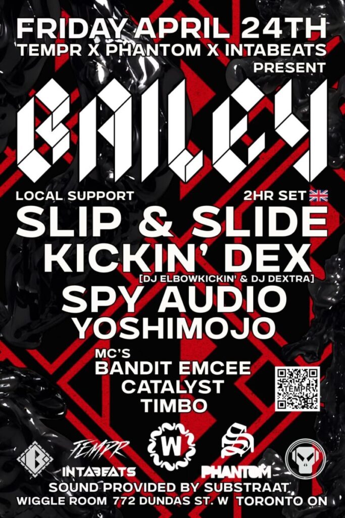Event poster with bold, futuristic text promoting a drum and bass night featuring Bailey, Slip & Slide, Kickin’ Dex, Spy Audio, Yo Shimojo, and more. Includes event details and logos on a black, red, and white geometric background.