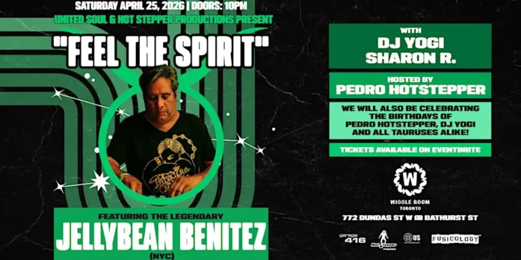Event poster for Feel the Spirit on April 25, 2025, featuring DJ Jellybean Benitez with a green and black design, event details, and a photo of the DJ in the center.
