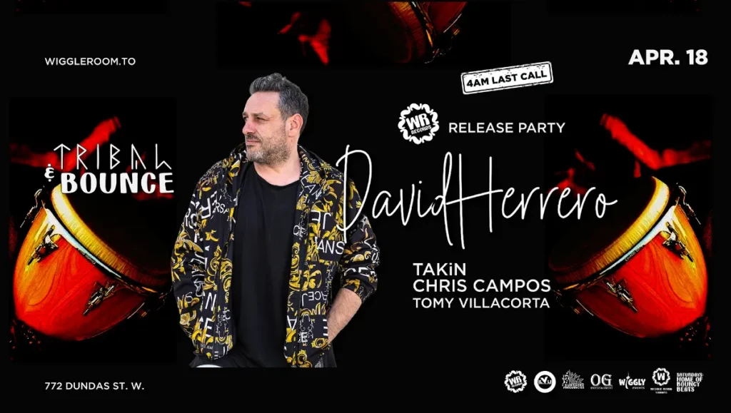 Event poster with a man in a patterned jacket standing in front of abstract red and orange drums. Text announces “Tribal Bounce Release Party featuring David Herrero, Takín, Chris Campos, and Tomy Villacorta on April 18.