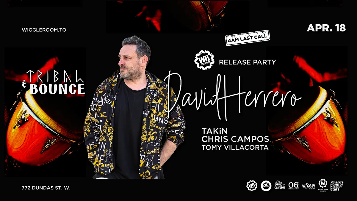 Event poster with a man in a patterned jacket standing in front of abstract red and orange drums. Text announces “Tribal Bounce Release Party featuring David Herrero, Takín, Chris Campos, and Tomy Villacorta on April 18.