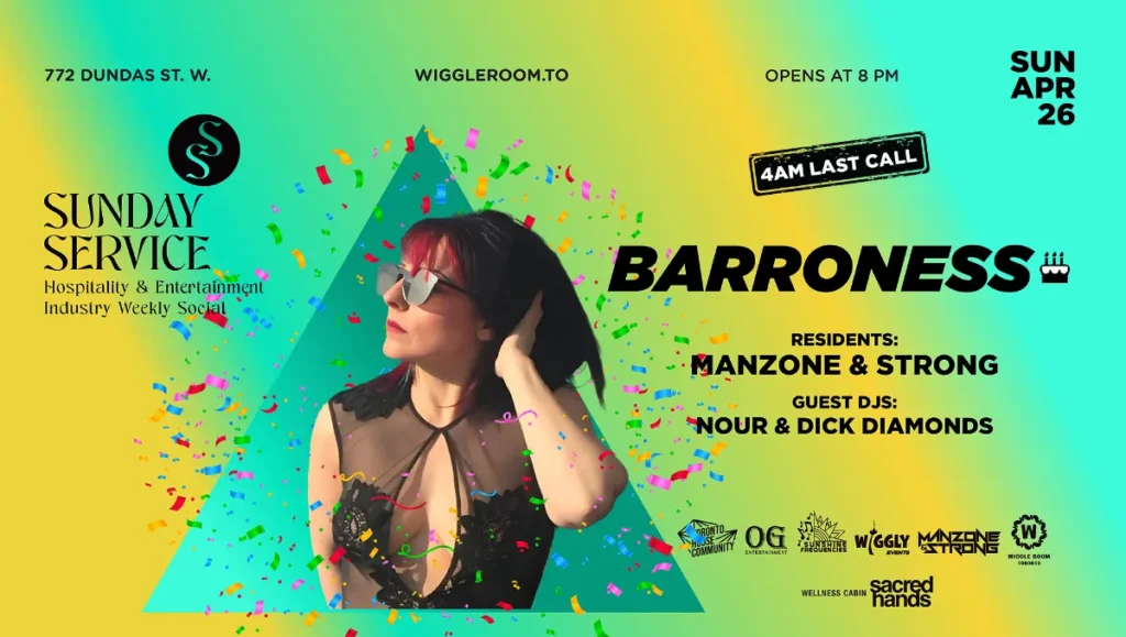 A woman in sunglasses poses against a vibrant background with colorful confetti. Text promotes Sunday Service at Wiggly Room, featuring DJs Manzone & Strong, Nour, and Dick Diamonds. Event date: Sunday, April 26, 8 PM.