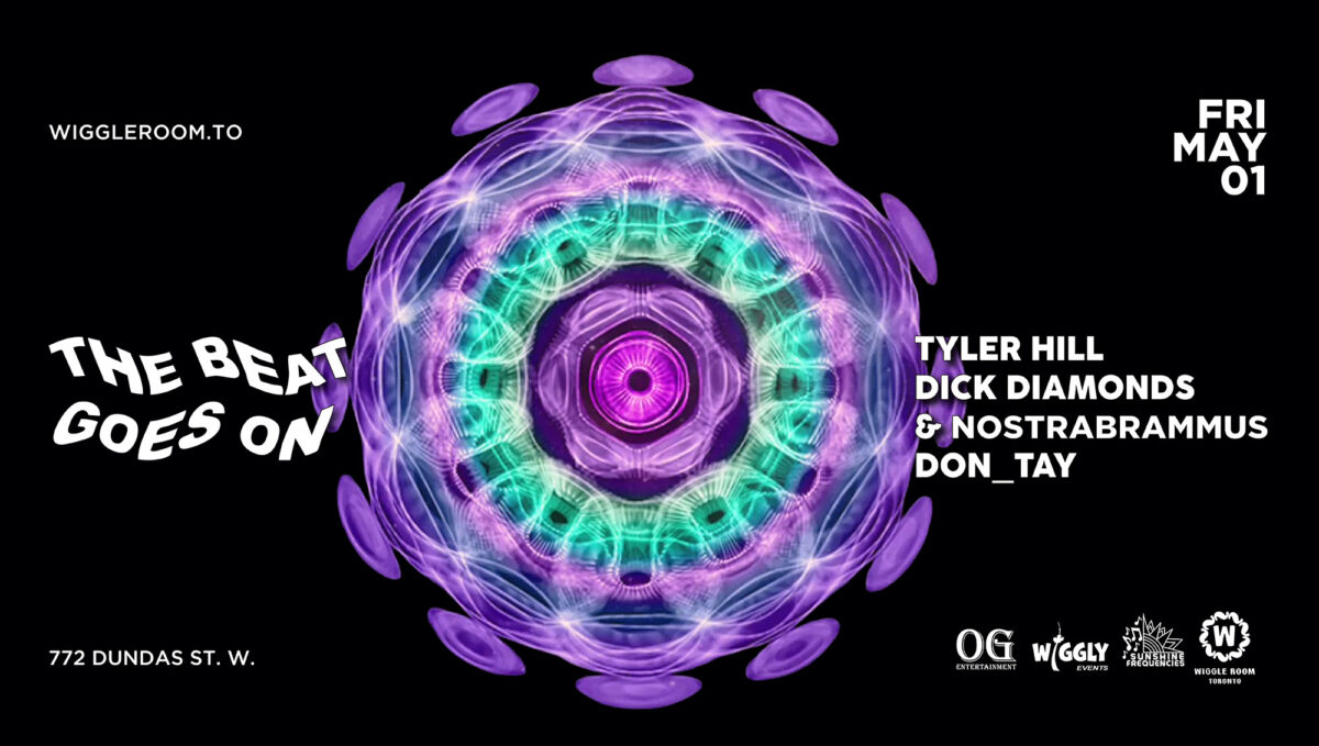 A vibrant, kaleidoscopic design with purple, green, and blue patterns fills the background. White text reads THE BEAT GOES ON, with event details including date, performers, and venue information on the right.