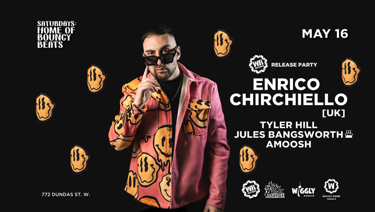 A man in a pink jacket with orange smiley faces points upward, standing in front of black background with orange smiley face graphics. Text announces Enrico Chirchiellos release party on May 16 with supporting DJs.