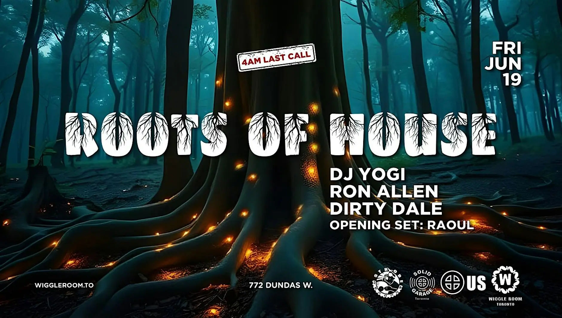 Dark forest of trees with title Roots Of House w/ DJ YOGI, Ron Allen, Dirty Dale & Raoul