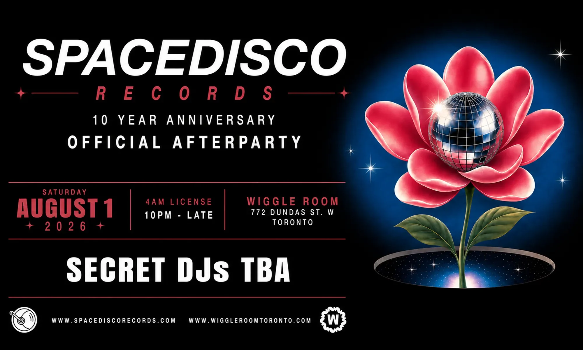 Flower on black background with title Spacedisco Records 10 Year Anniversary Official Afterparty