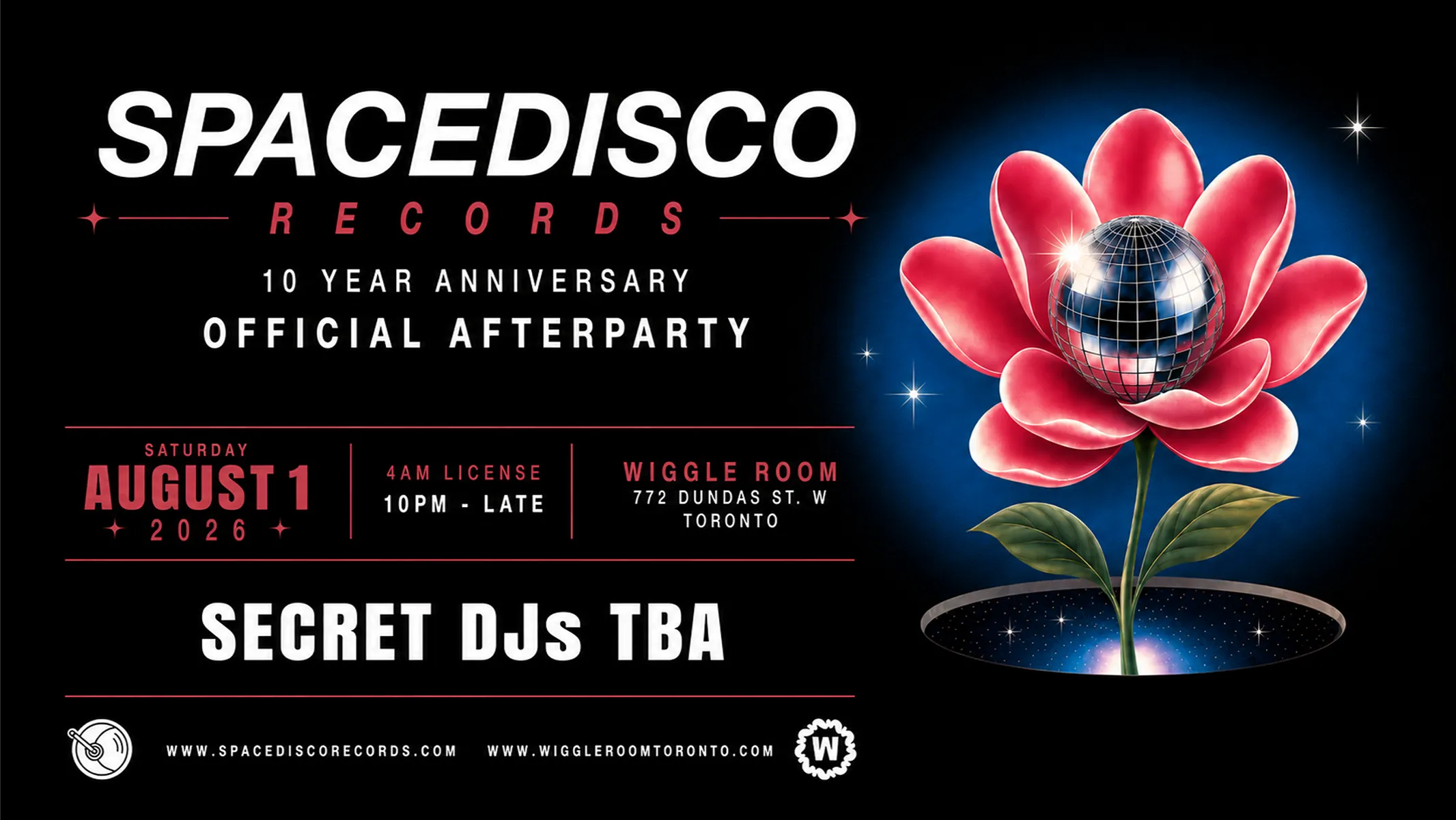 Flower on black background with title Spacedisco Records 10 Year Anniversary Official Afterparty