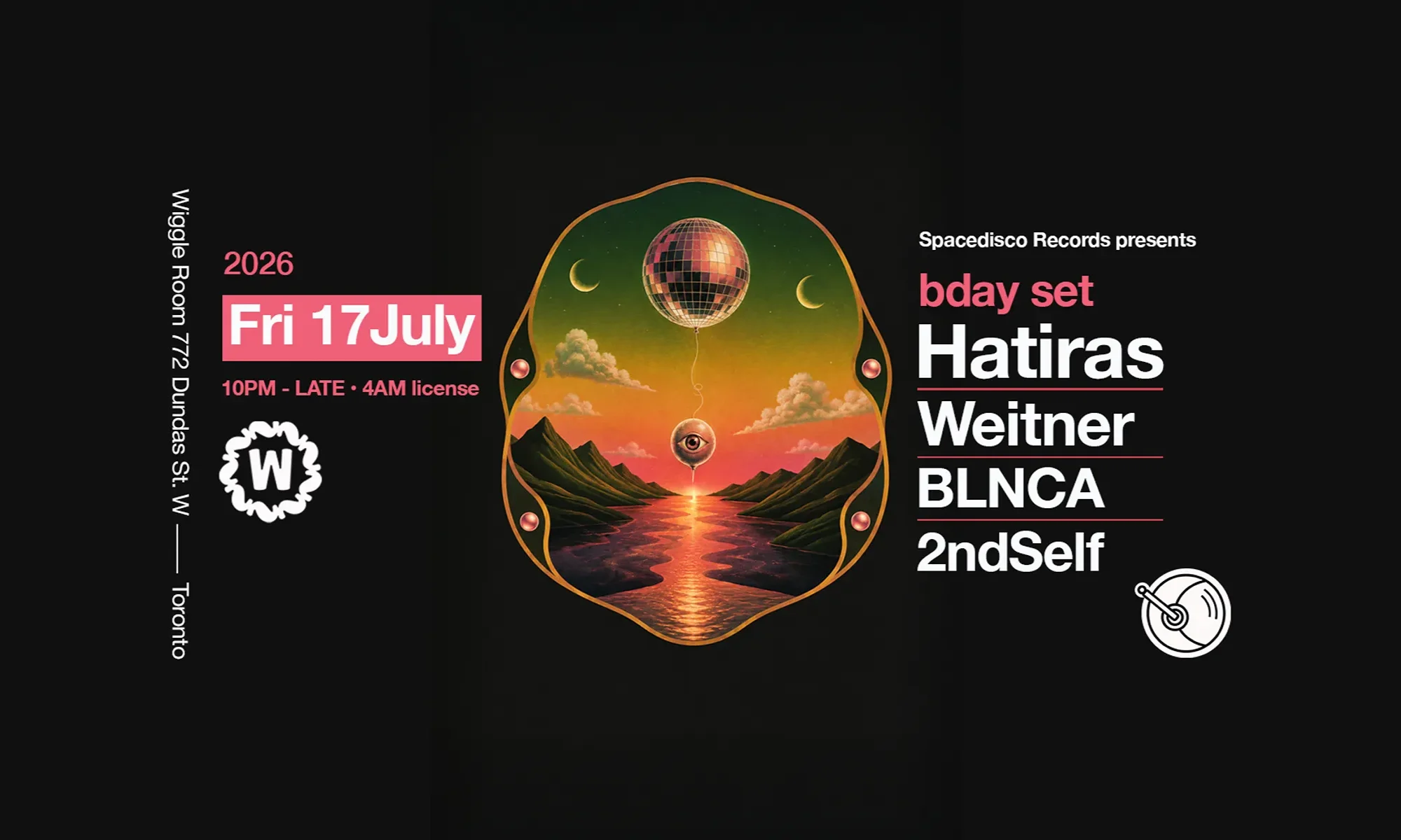 Surreal valley with eyeball, crystal ball and two moons. Spacedisco Records Hatiras Bday + Weitner, Blnca, 2ndSelf