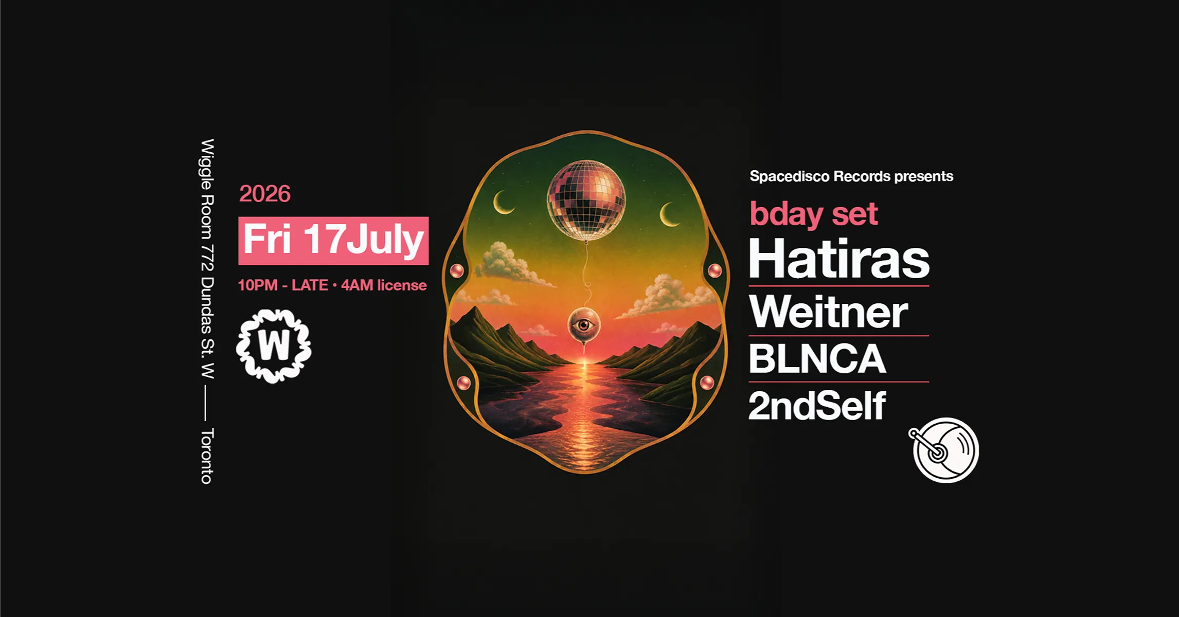 Surreal valley with eyeball, crystal ball and two moons. Spacedisco Records Hatiras Bday + Weitner, Blnca, 2ndSelf