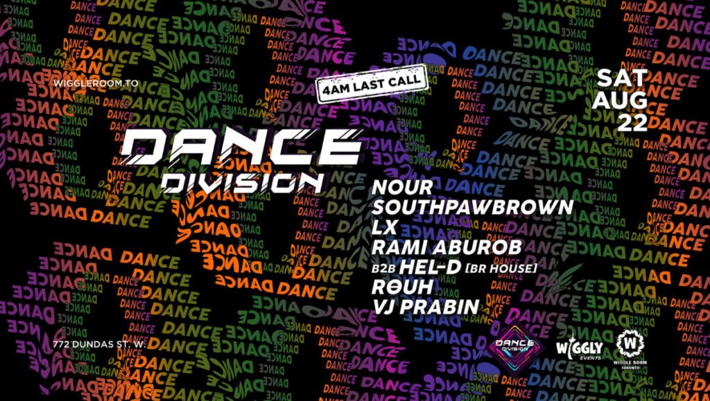 Dance Division event flyer with DJs Nour, Southpawbrown, Rami Aburob, Hel-D, Rouh, and VJ Prabin.