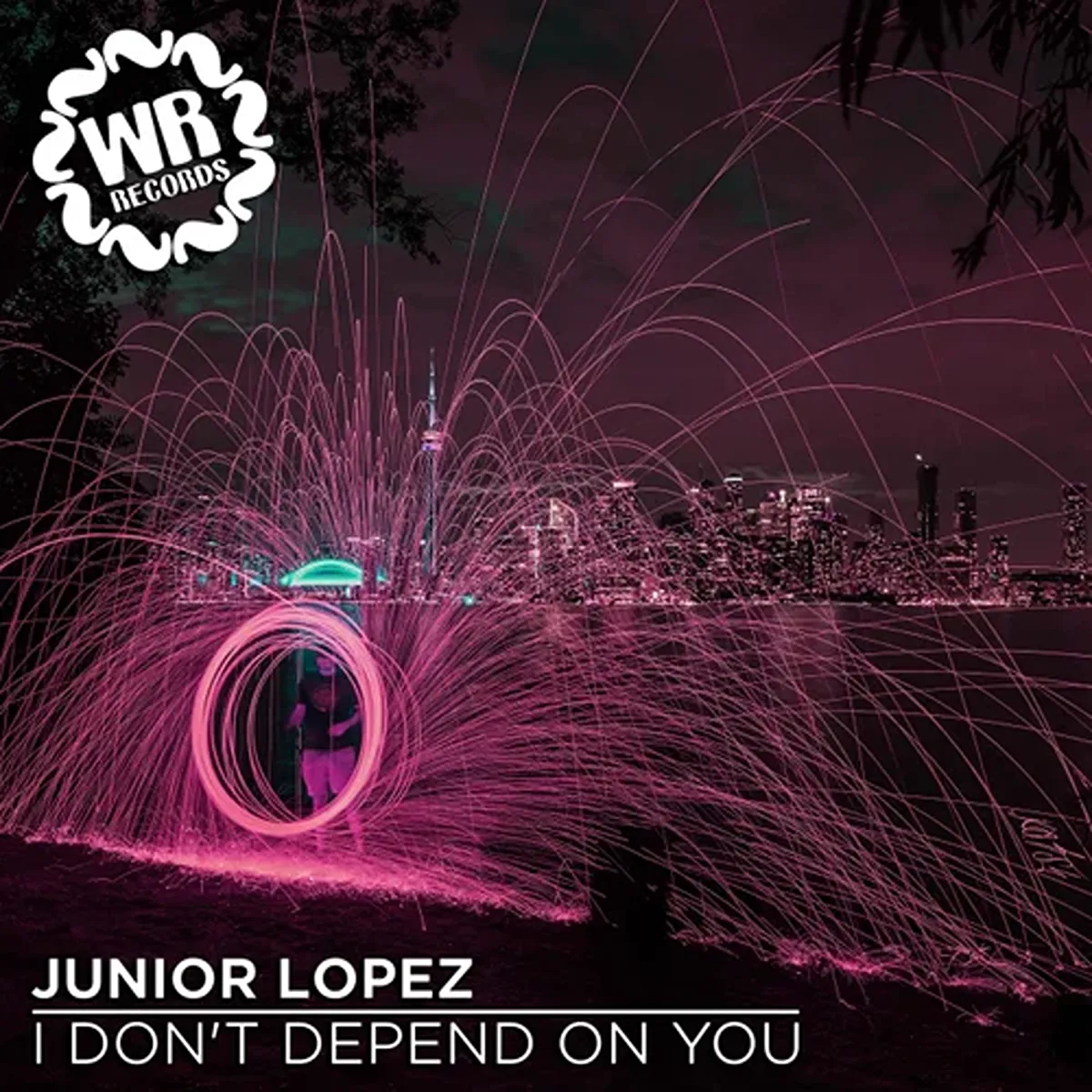 Junior Lopez I Don't Depend On You album cover with fire spinning art and city skyline
