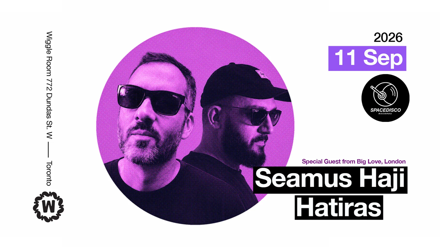 Portraits of two men in a circle with a purple overlay
