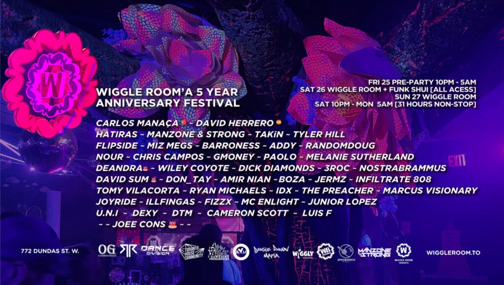 Wiggle Room's 5 Year Anniversary Festival flyer with DJ lineup and dates.