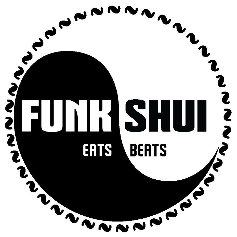 Funk Shui Eats Beats logo with a yin-yang design and decorative border.