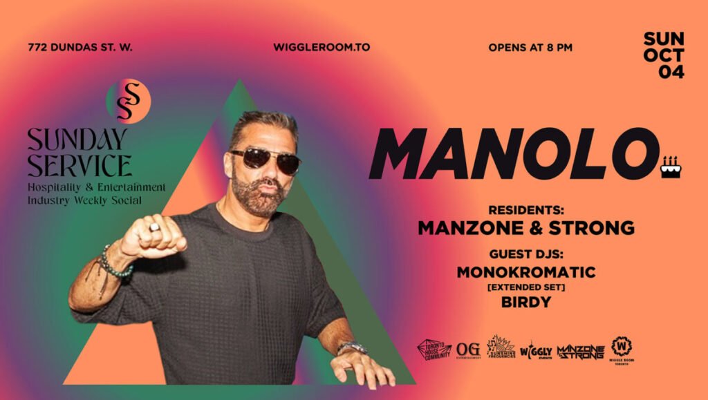 Manolo at Sunday Service, October 4th, featuring DJs Manzone & Strong, Monokromatic, and Birdy.