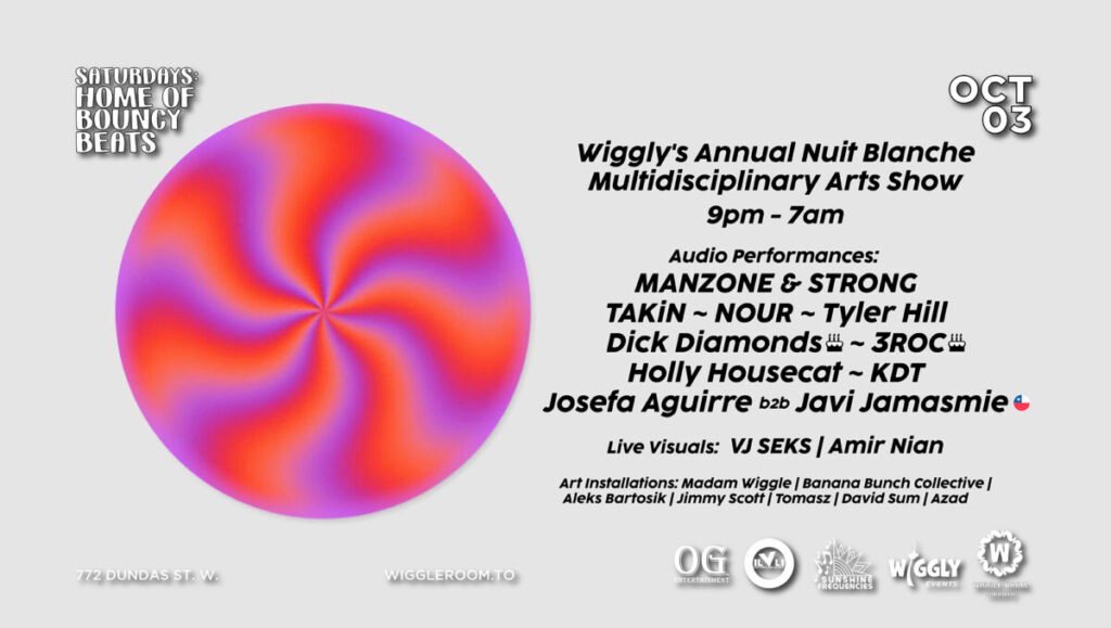 Wiggly's Nuit Blanche Multidisciplinary Arts Show poster with psychedelic swirl graphic.