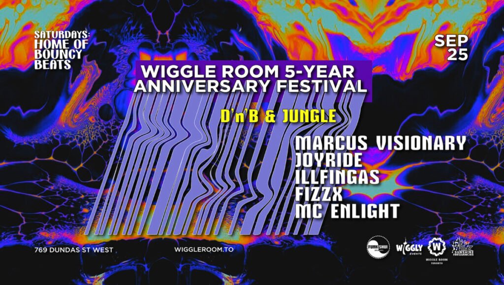 Wiggle Room 5-Year Anniversary Festival poster featuring DnB & Jungle artists, Sept 25.