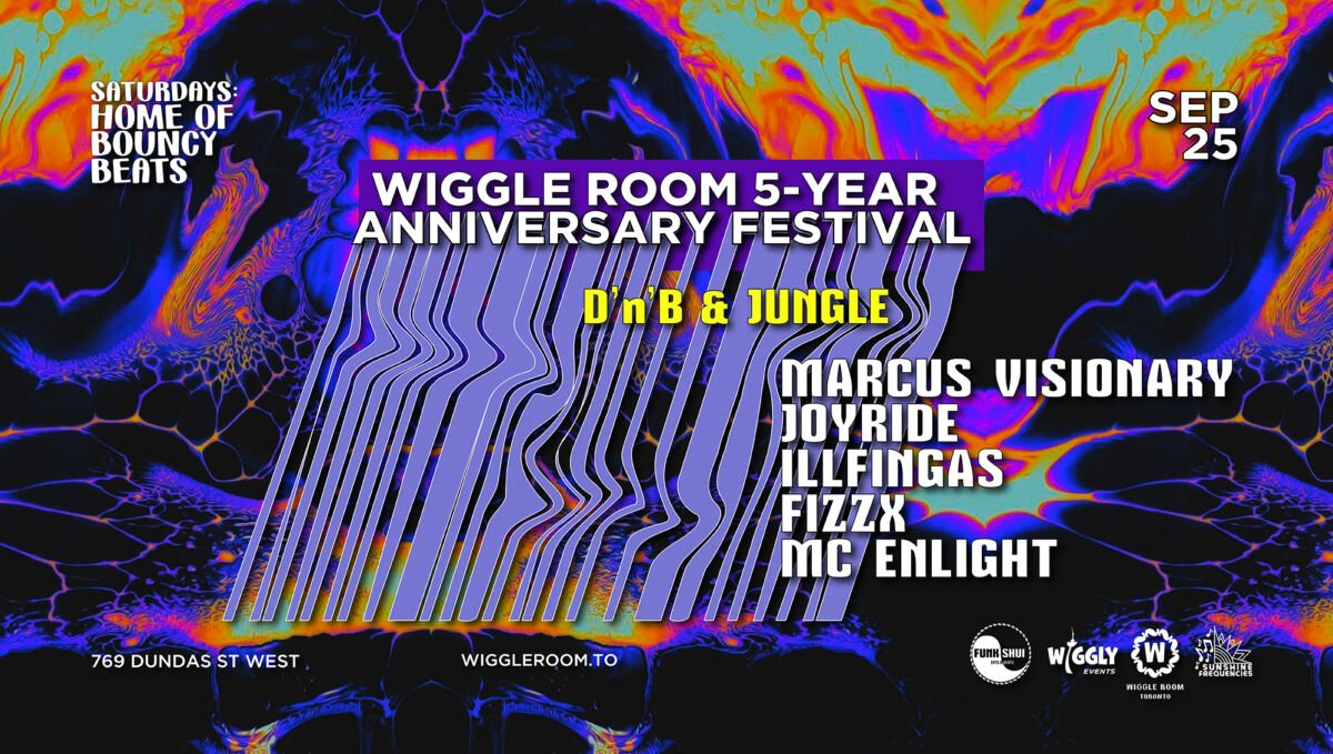 Wiggle Room 5-Year Anniversary Festival poster featuring DnB & Jungle artists, Sept 25.
