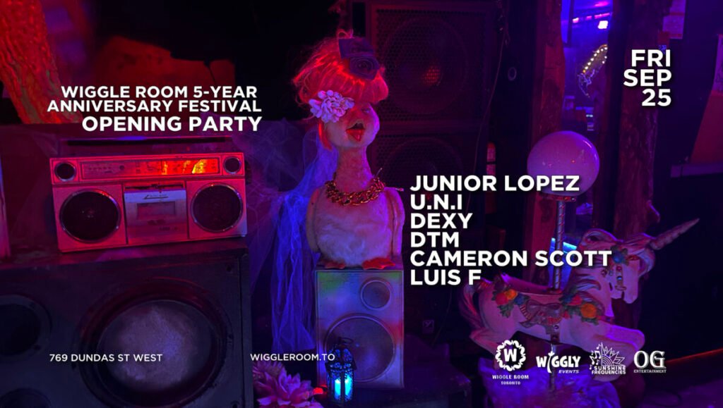 Wiggle Room 5-Year Anniversary Festival Opening Party flyer with DJs and unicorn