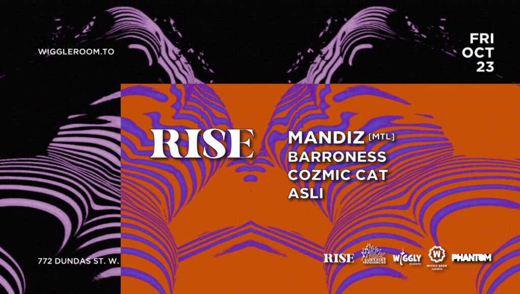 RISE event flyer: Mandiz, Barroness, Cozmic Cat, Asli at Wriggleroom.to on Fri Oct 23